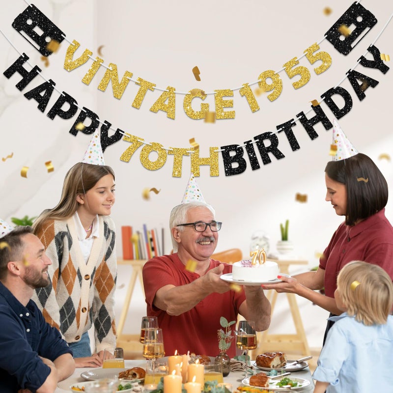 Eucutur Pre-Strung Black Gold 70th Birthday Banner Decoration for Men Women, Glitter Vintage 1955 Happy 70th Birthday Party Supplies, Cheers to 70 Years Old Bday Party Decor Sign - Image 4